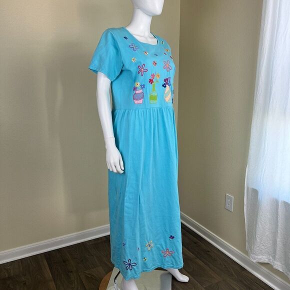 Michael Simon Lite Women's Size M Blue Cotton Floral Embroidered Maxi Dress VGT - Picture 7 of 13